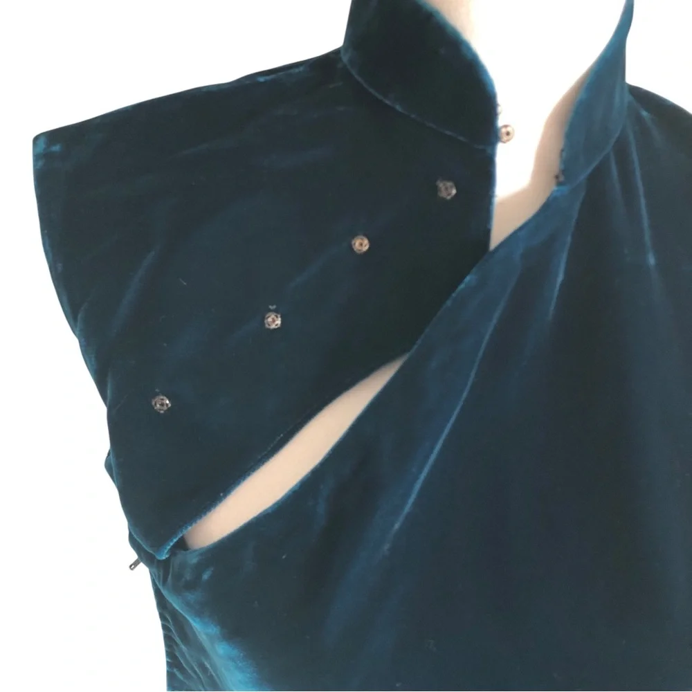 VINTAGE 90s Y2K Handmade Teal Velvet Mandarin Collar Sleeveless Mini Dress Small